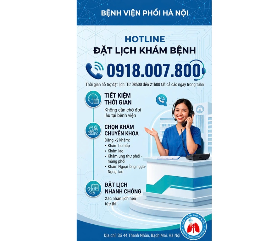 BỆNH VIỆN PHỔI HÀ NỘI TRIỂN KHAI DỊCH VỤ ĐẶT LỊCH KHÁM QUA HOTLINE